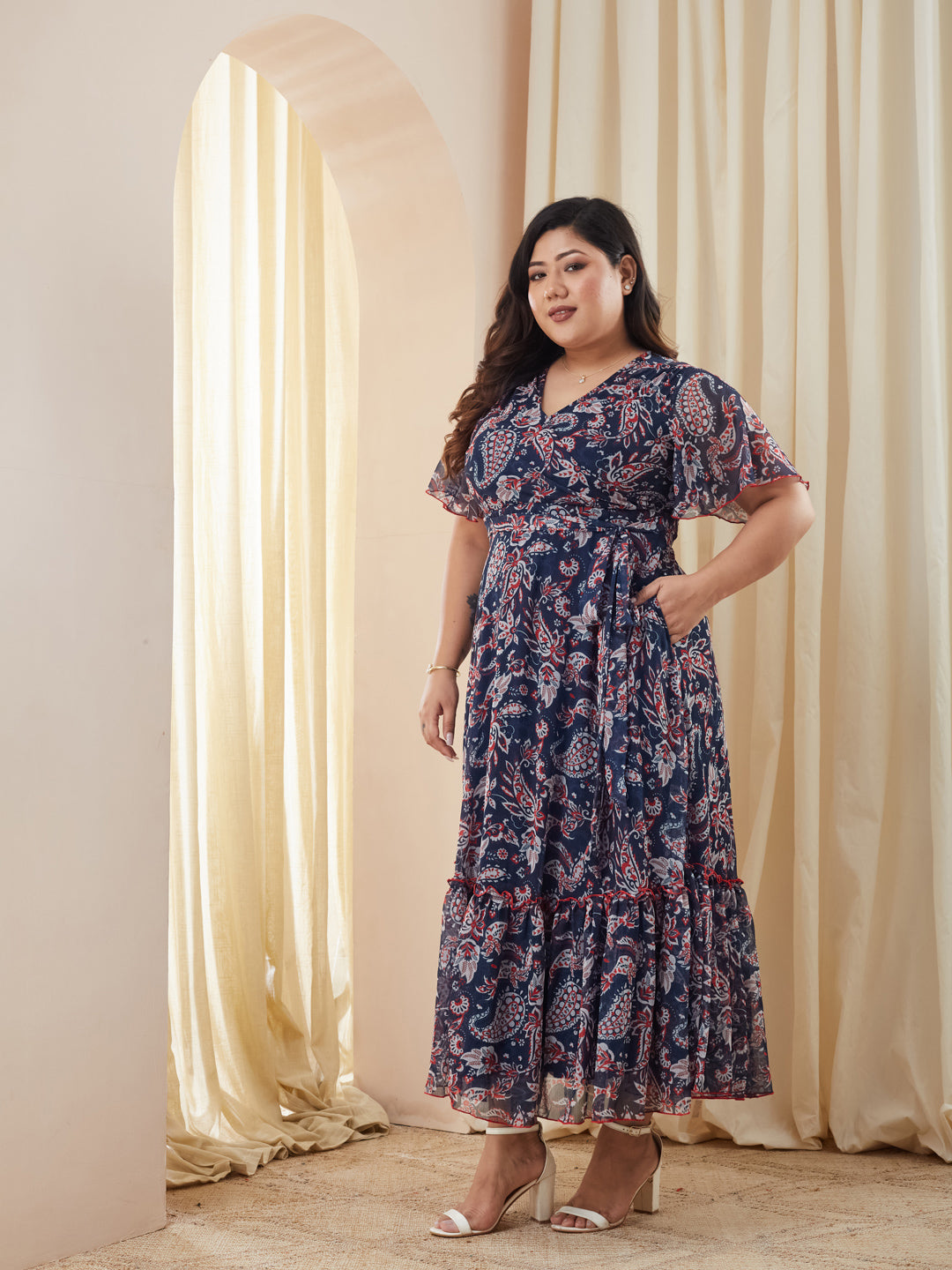 Multicolored Navy Floral Wrap Chiffon Maxi Dress with Flutter Sleeves & Frilled Hem for Women