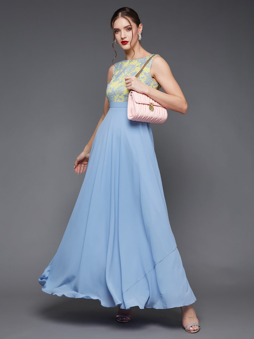 Women's Sky Blue Round Neck Sleeveless Georgette & Lace Floral Fit & Flare Maxi Dress