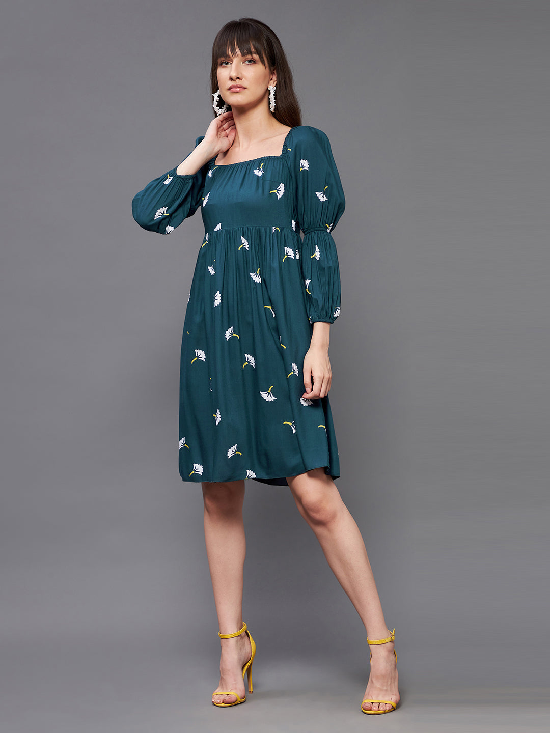 Women's Multicolored-Base-Teal Square Bishop Sleeve Viscose Rayon Floral Gathered Above Knee Dress