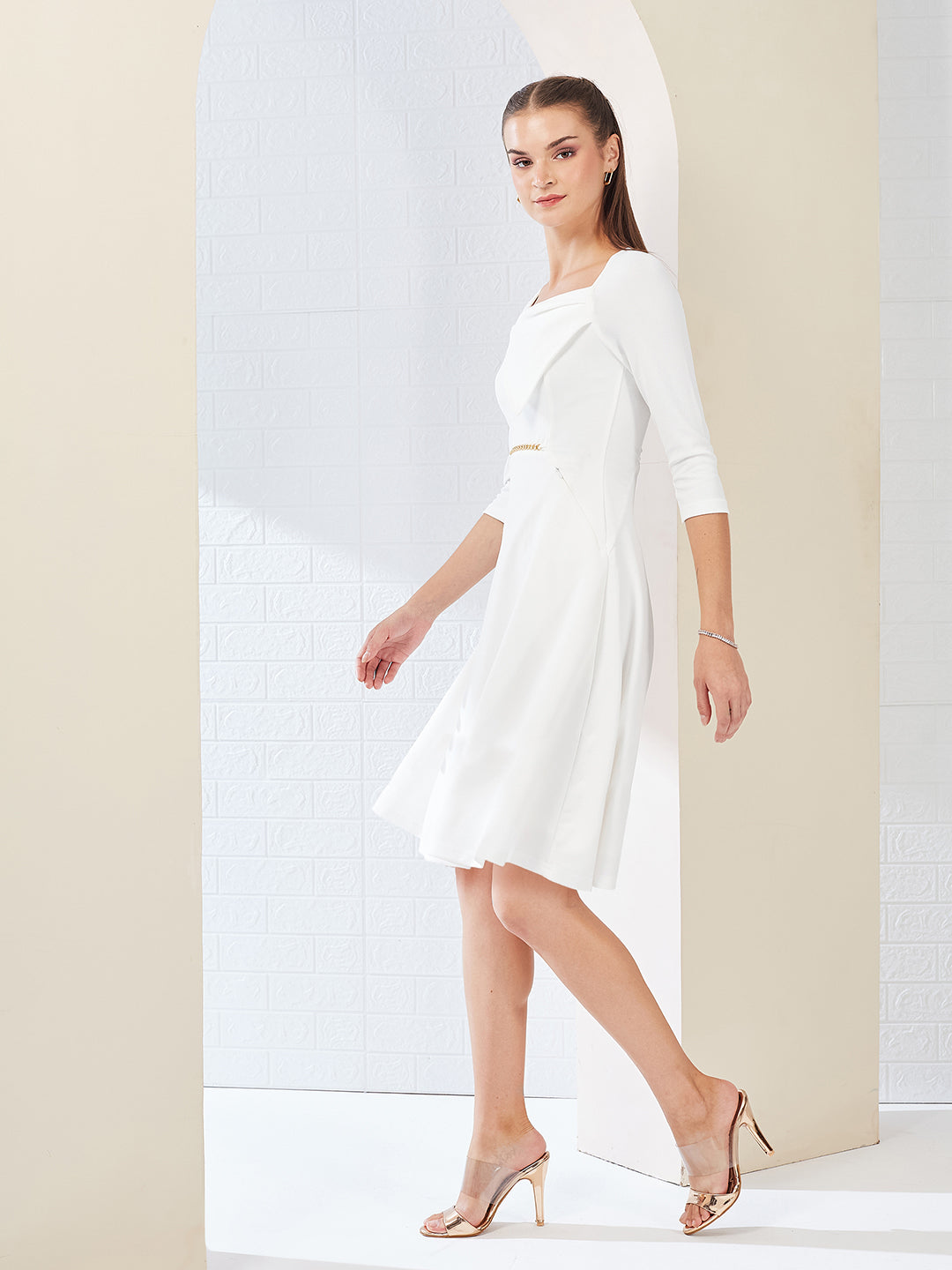 Off White Solid Square Neck Raglan Sleeves Side Pocketed Polyester Fit and Flare Knee-Length Dress for Women