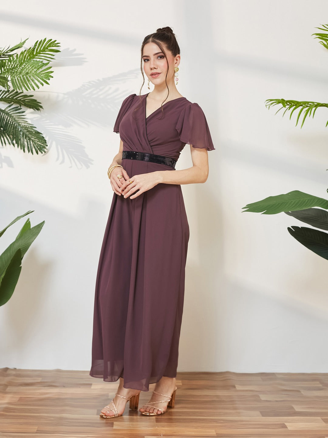 Mauve Solid Relaxed Fit Short Sleeve V-Neck Ankle-Length Straight Jumpsuit for Women
