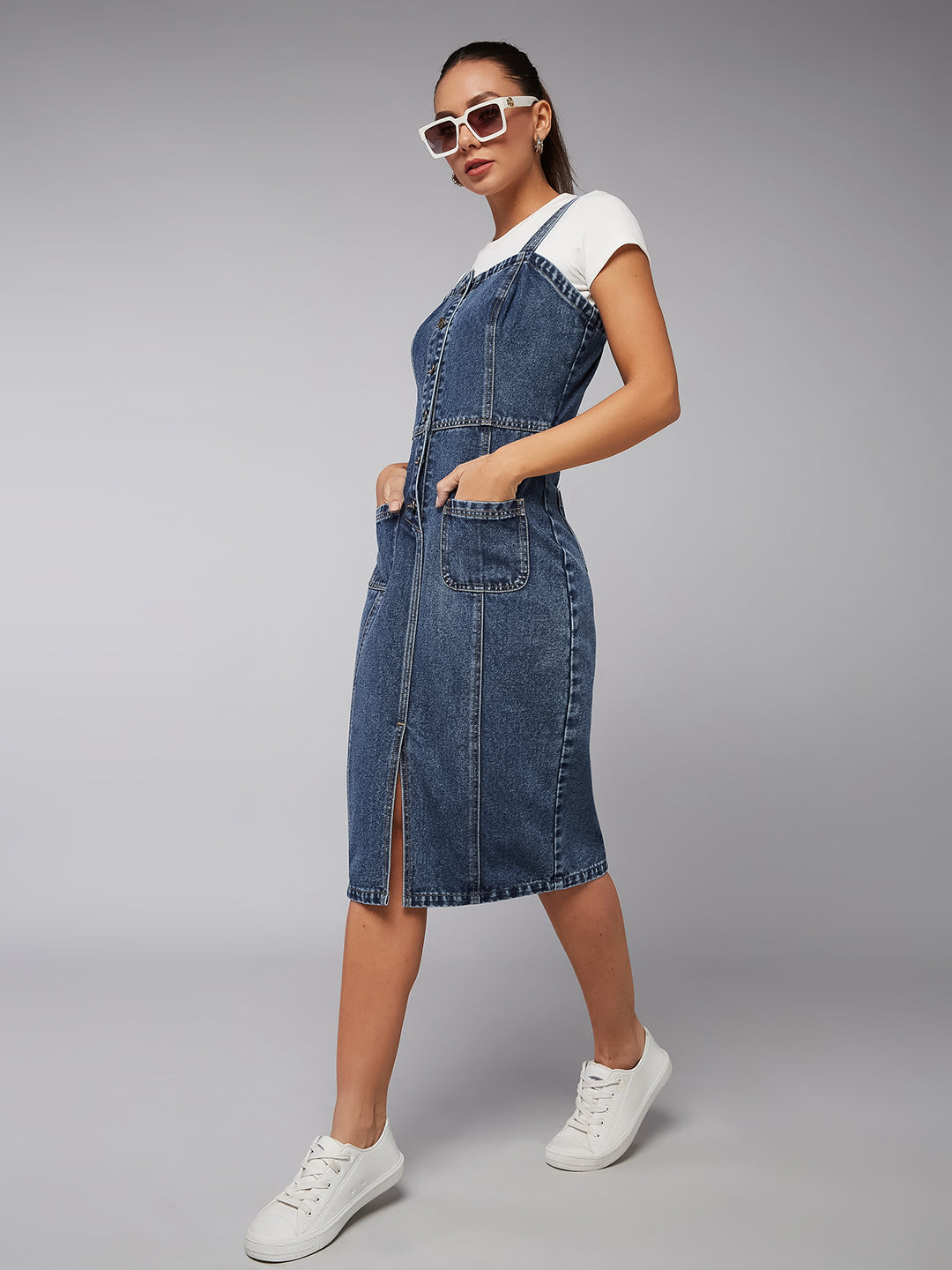 Women's Navy Blue Slim Midi Denim Dress