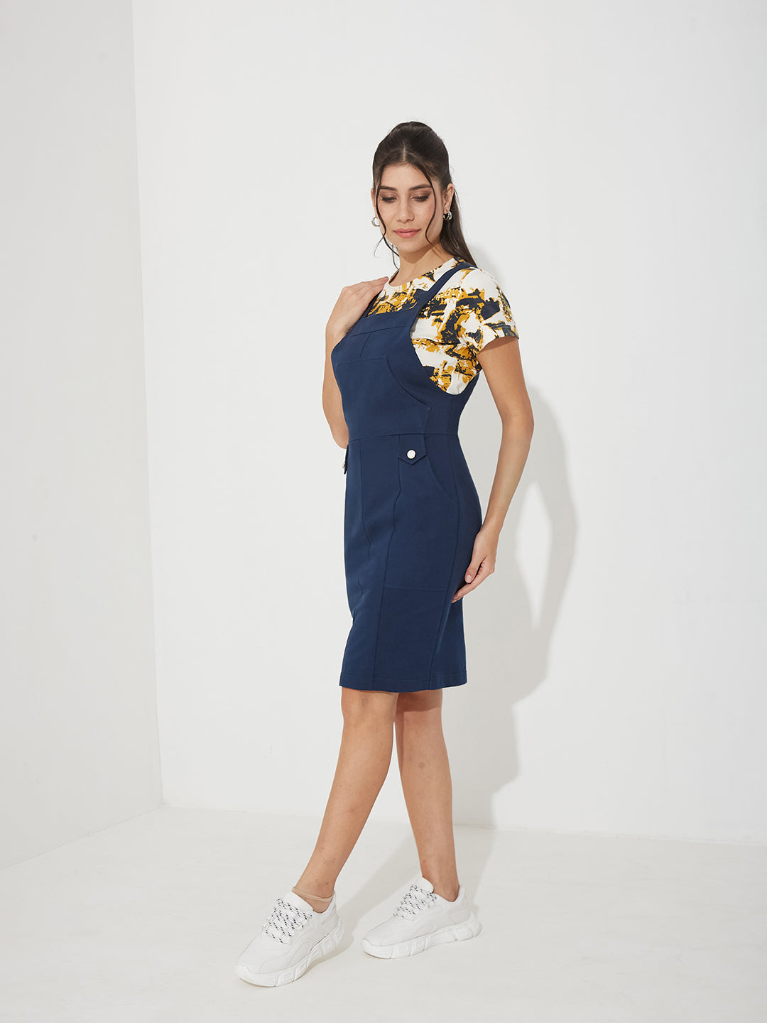 Navy Multicolored Abstract Pinafore Knee-Length Polyester Co-ord Set with Utility Pockets for Women