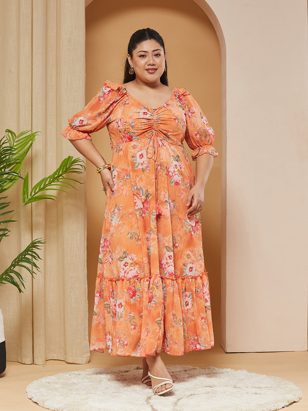 Multicolored-Base-Orange V-Neck Puff-Sleeves Floral Ruching Ankle-Length Dress for Women