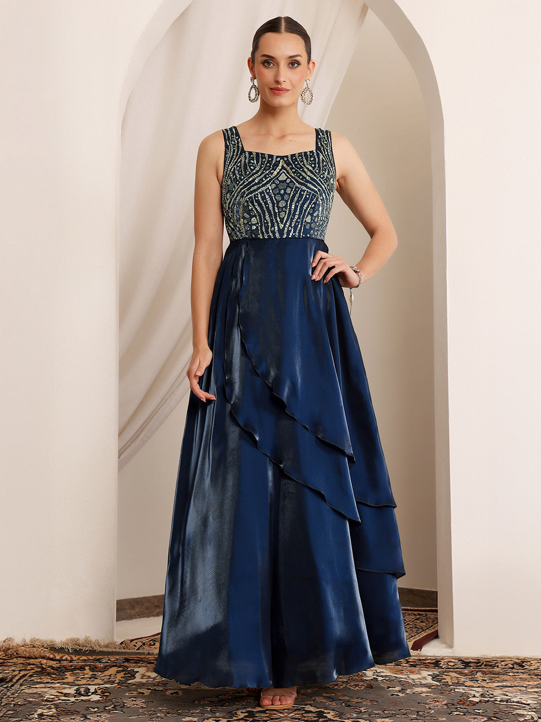 Women's Navy Blue Sweetheart Sleeveless Embroidered Layered Satin Maxi Dress