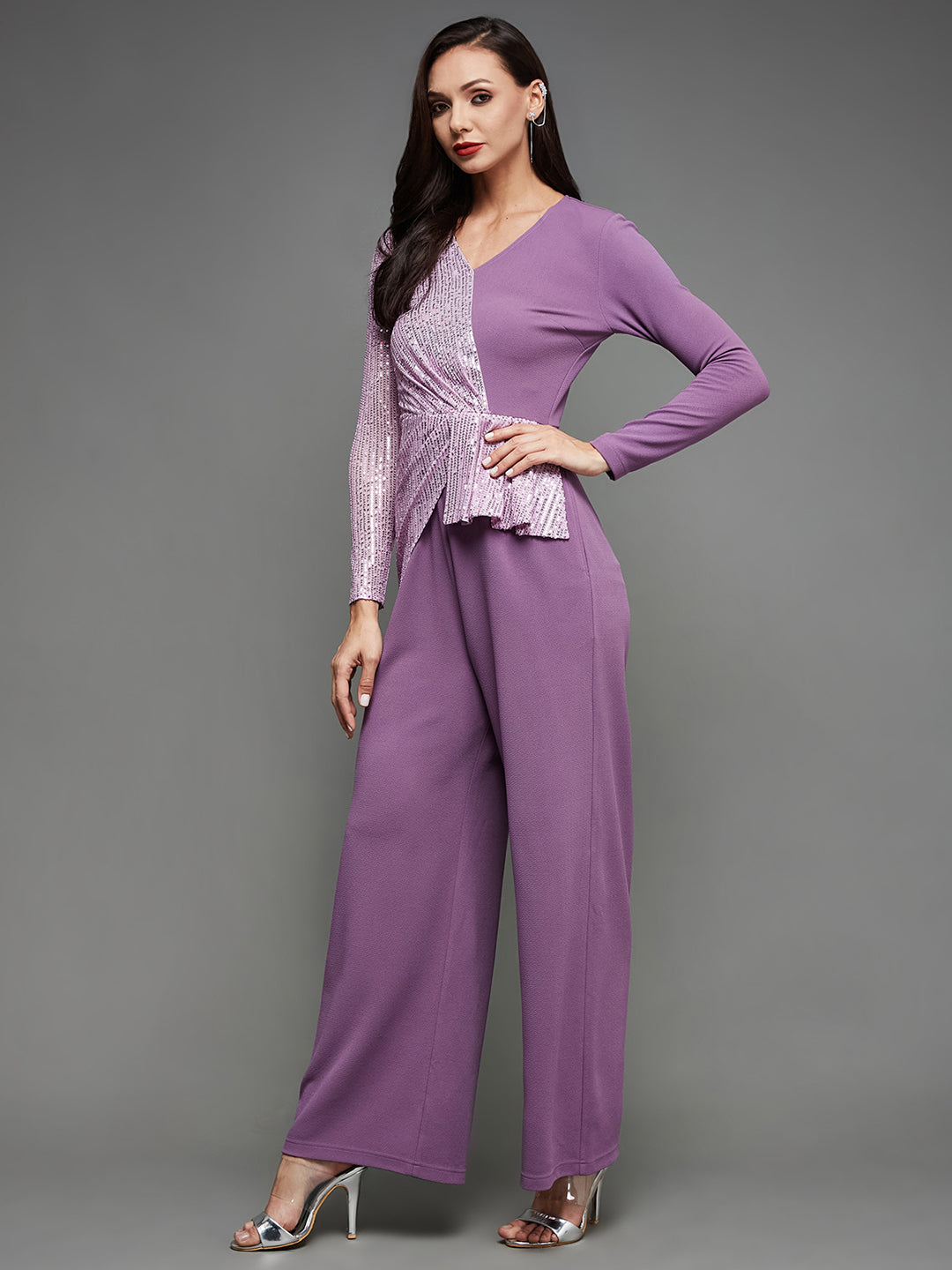 Crease Ease Women's Lavender V-Neck Full Sleeve Embellished Asymmetric Party Jumpsuit