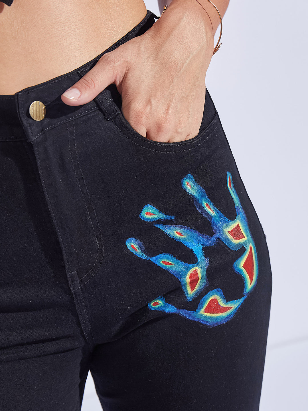 Black Wide Leg High-Rise Hand Painted Thermal Hand-Scan Stretchable Denim Jeans for Women
