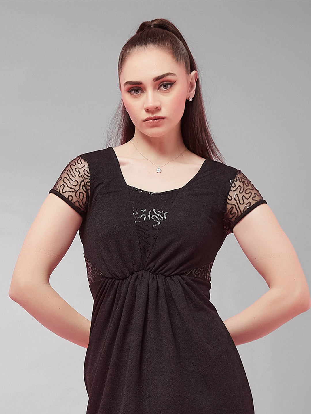 Black Sweet-Heart Neck Short Sleeve Embellished Gathered Polyester Maxi Dress for Women
