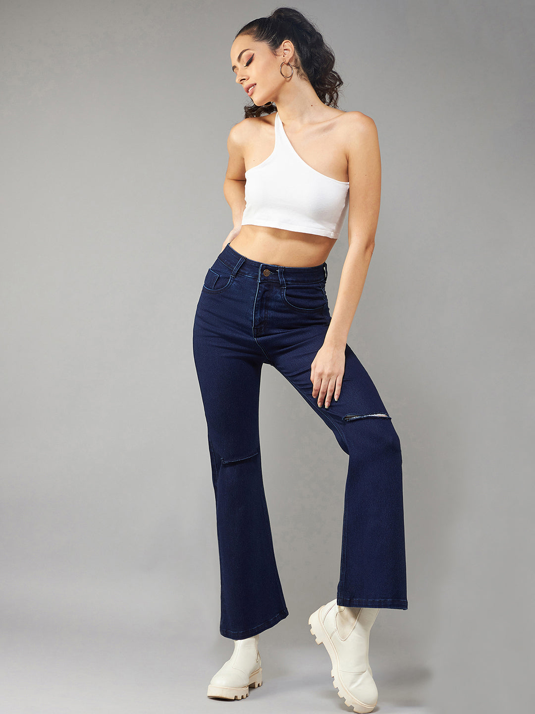 24/7 Comfort Navy-Blue Bell-Bottom Bootcut High-Rise Stretchable Ripped Denim Jeans
