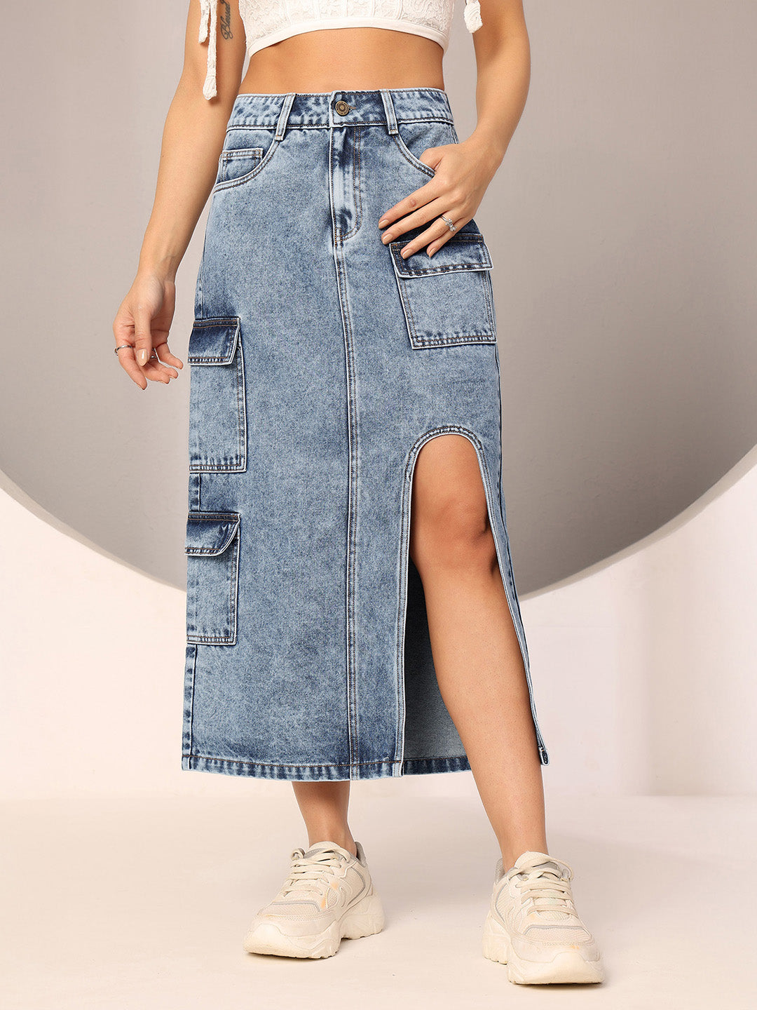 Blue Straight-Fit High-Rise Clean-Look Non-stretchable Denim Midi Skirt for Women