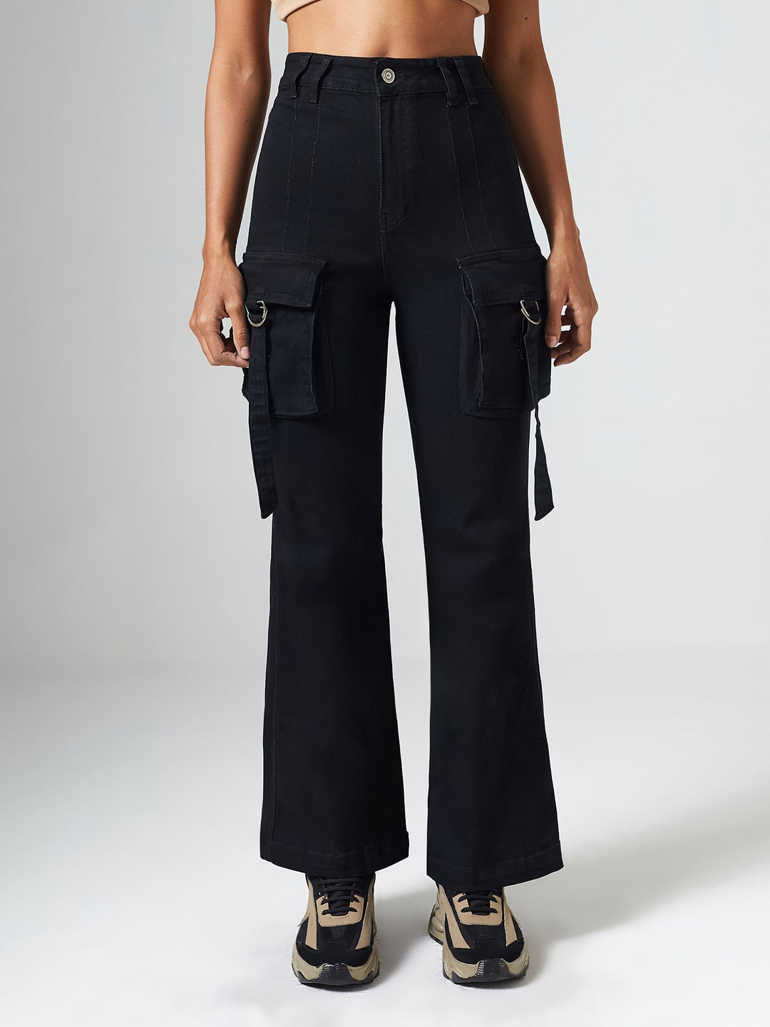 Black Bootcut High-Rise Clean-Look Regular-Length Stretchable Denim Jeans for Women