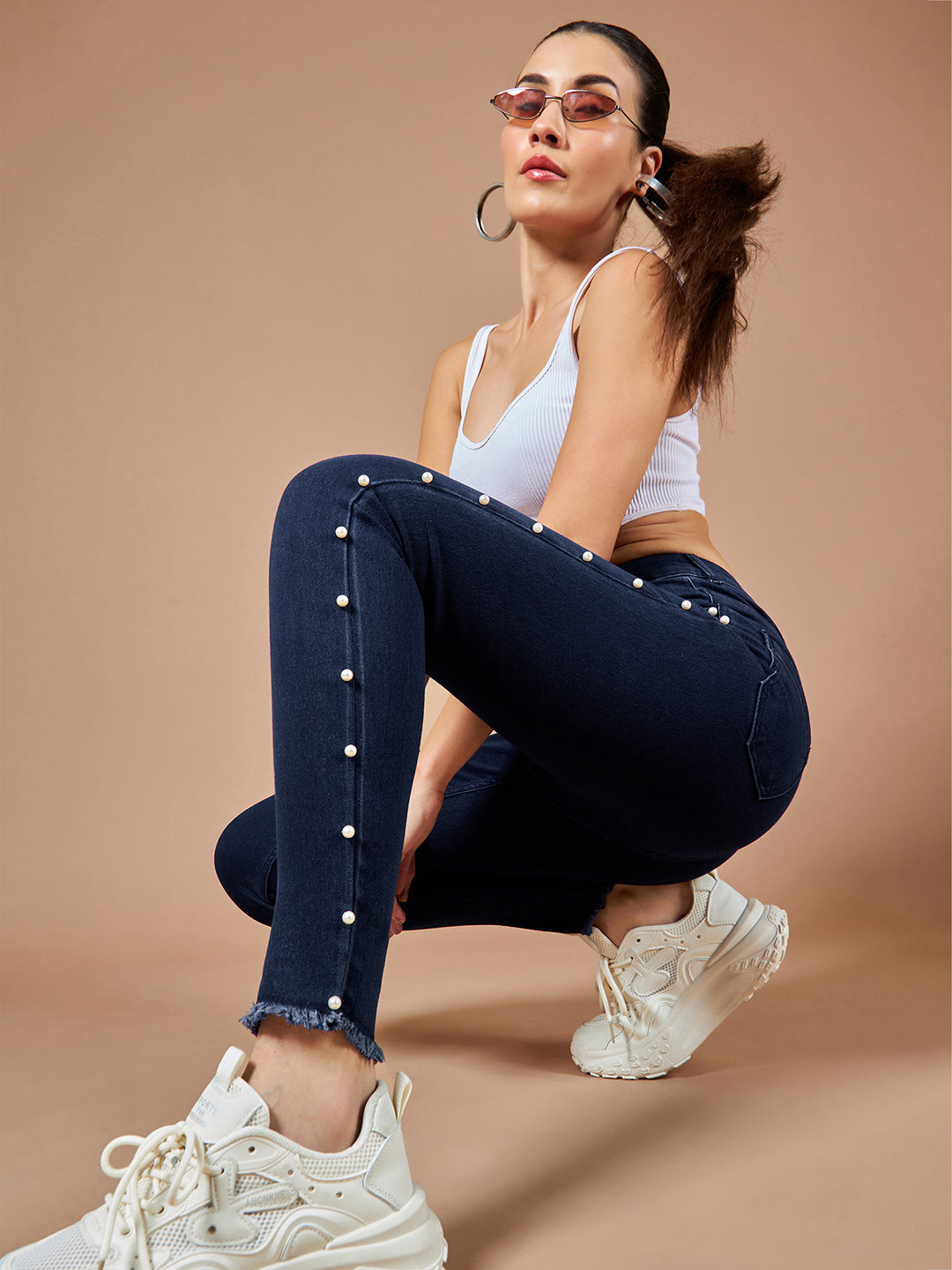 Women's Navy-Blue Cotton Skinny-Fit Cropped High-Rise Stretchable Denim Jeans