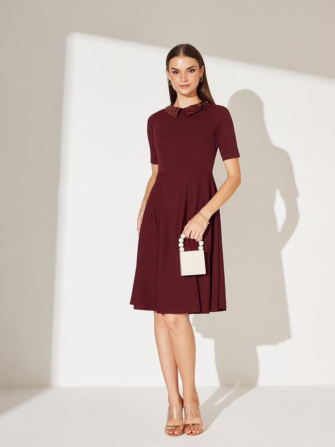 Women's Wine Red Collared Round Neck Half Sleeve Solid Knee-Long Skater Dress