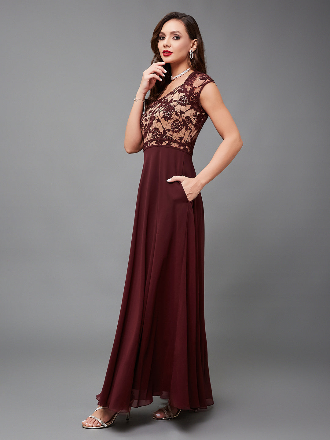 Wine Floral Cap Sleeves Fit and Flare Lace Maxi Dress Long Dress Frock for Women