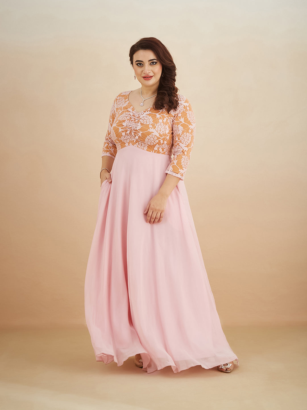 Dusty Pink V-Neck Raglan-Sleeve Self-Designed Empire-Styled Georgette Maxi Dress for Women