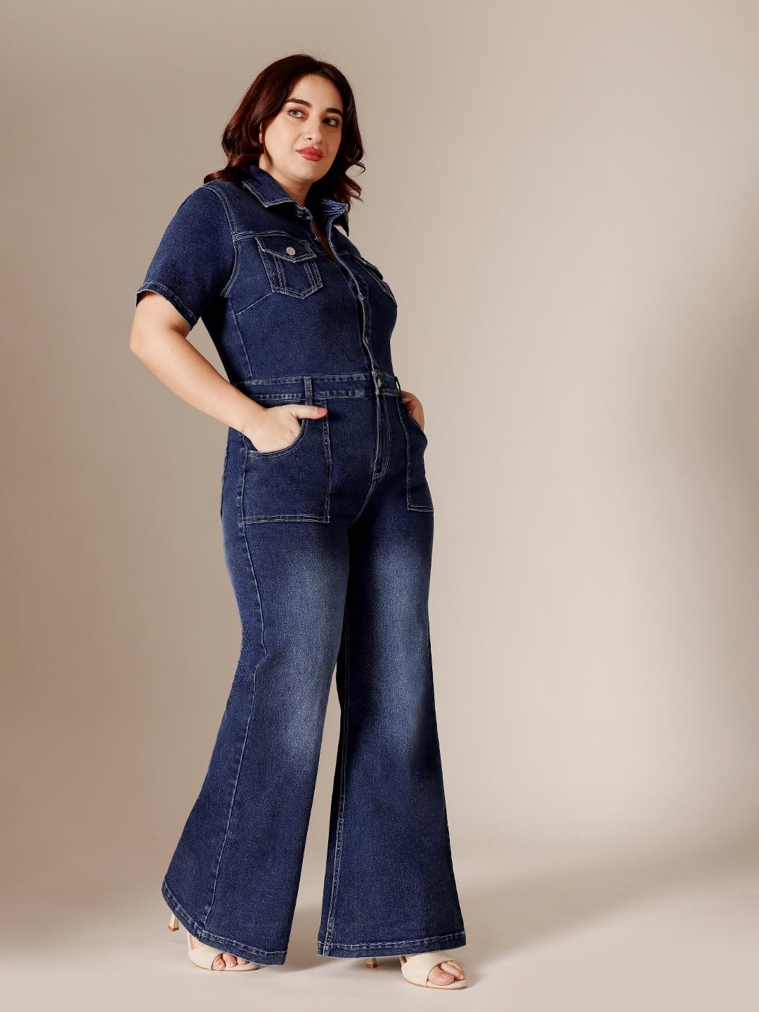 Navy-Blue Flared High-Rise Regular Stretchable Denim Jumpsuit for Women
