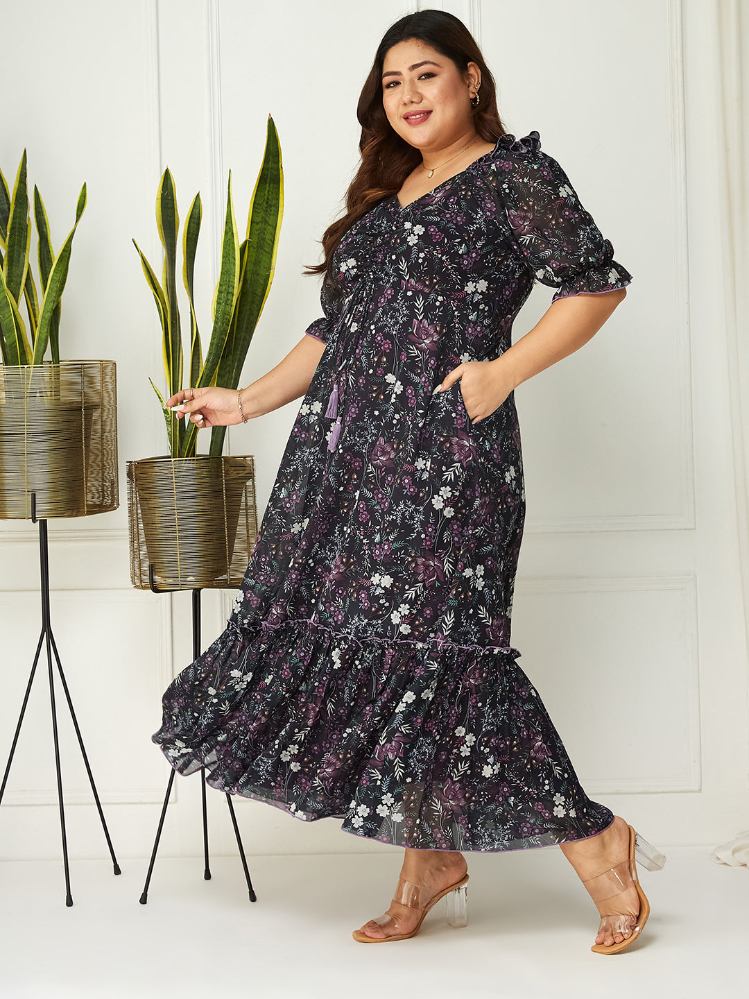 Black Multicoloured Floral Printed Puff Sleeves Sweetheart Neck Fit and Flare Maxi Dress Gown for Women