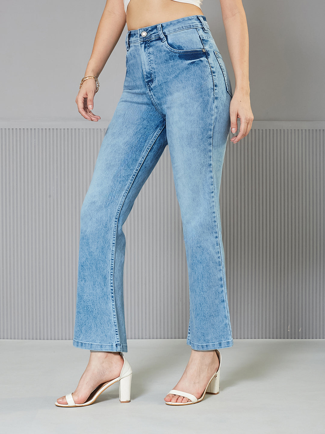 24/7 Comfort Light-Blue Wide-Leg Fit High-Rise Stretchable Denim Jeans for Women