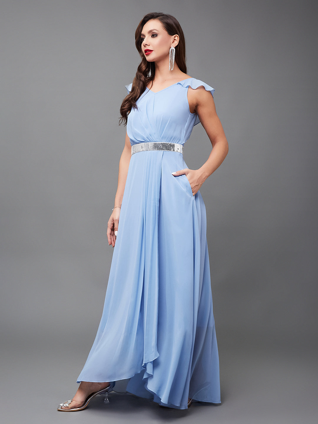 Women's Powder Blue V-Neck Ruffled Sleeve Solid Embellished Maxi Dress