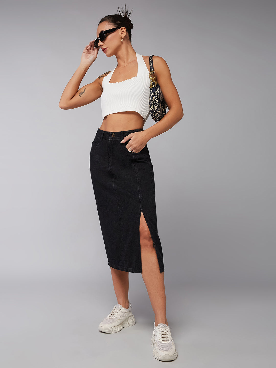 High-waisted, straight-fit, black denim midi skirt for women