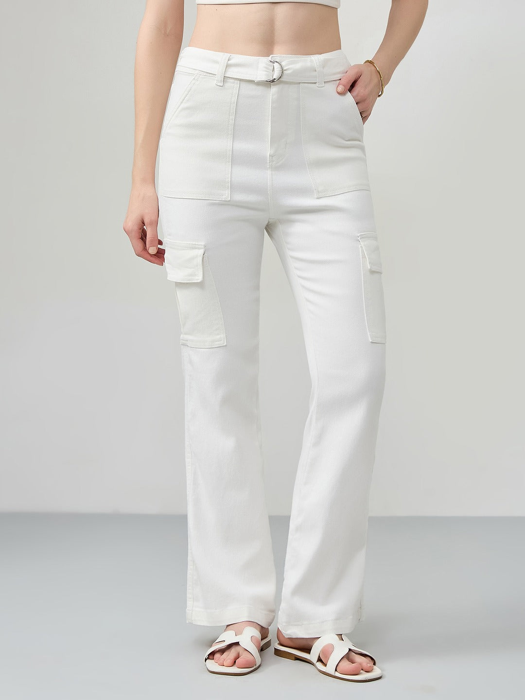 White Wide Leg high-rise Regular Stretchable Denim Jeans for Women