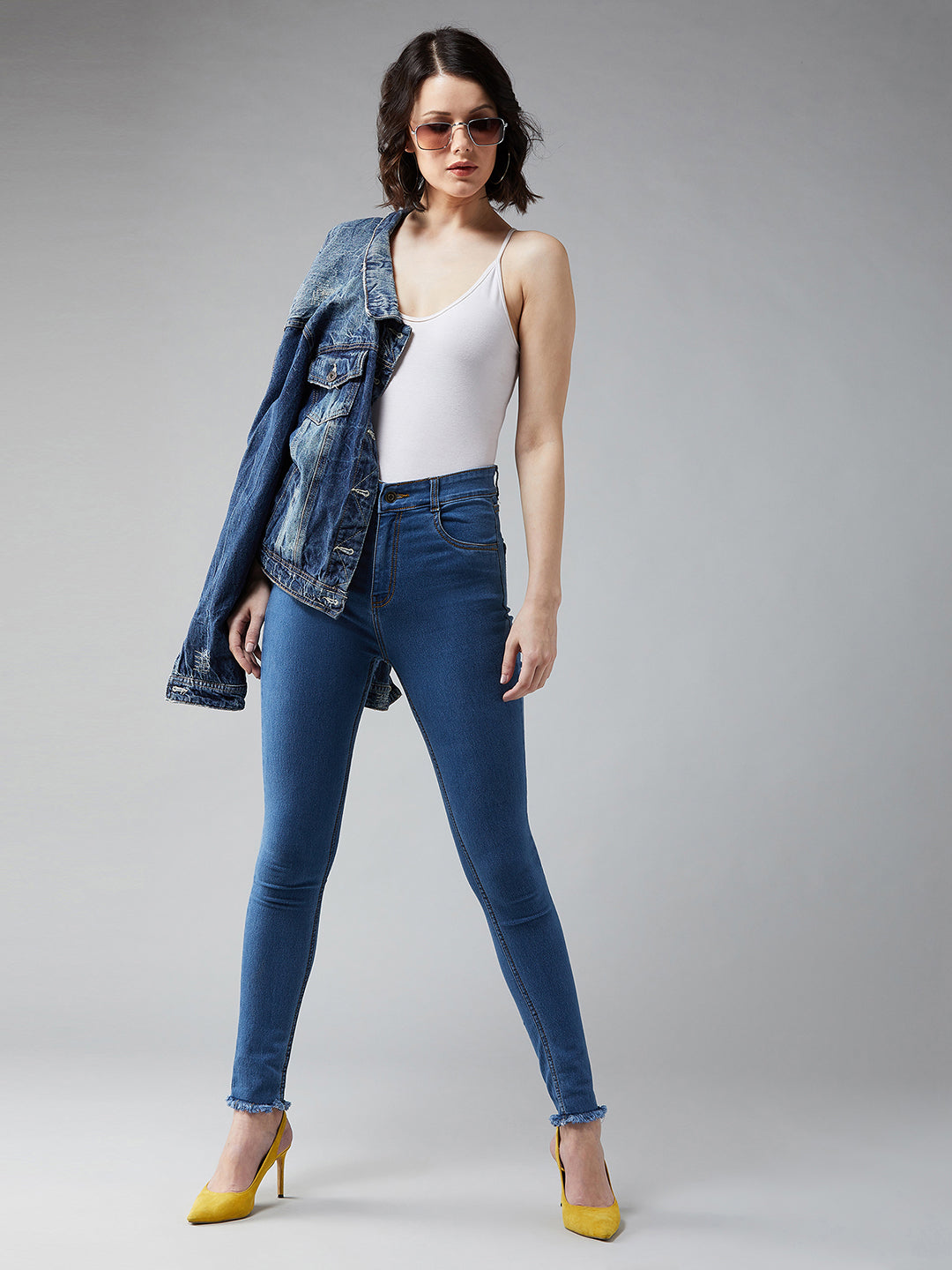 Women's Blue Skinny High-Rise Cropped-Length Fringe Detailing Stretchable Denim Jeans