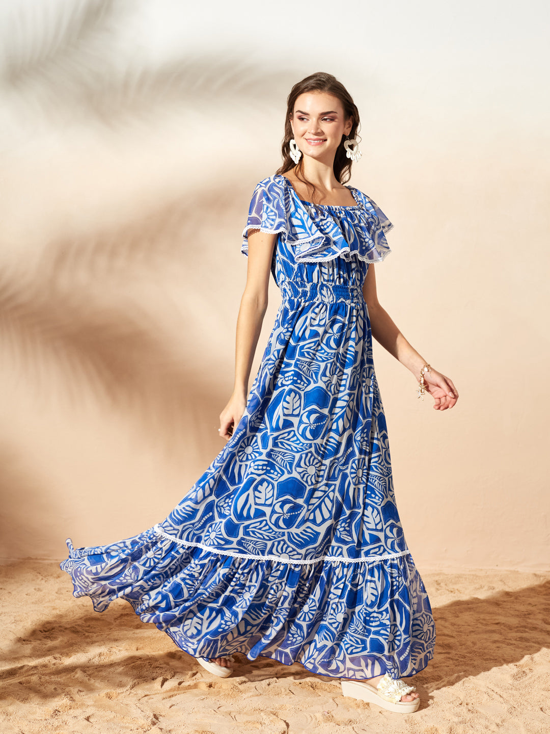 White & Blue Square Neck Cape Floral Tiered Maxi Chiffon Dress for Women — Miss Chase