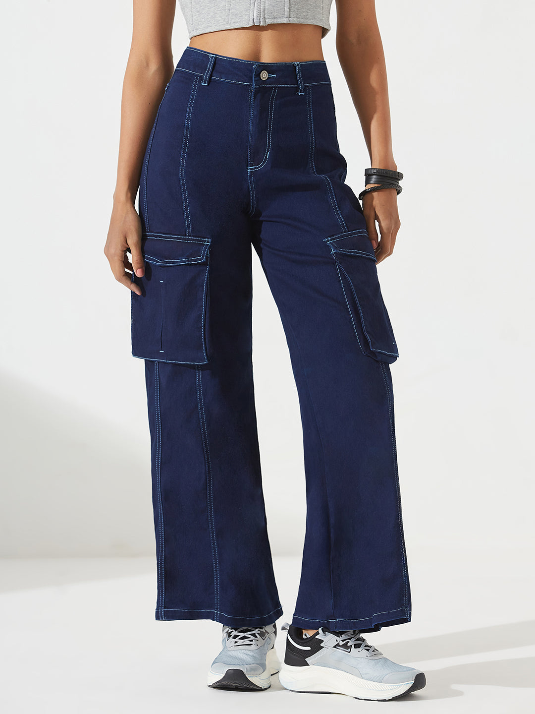 Navy Blue Wide leg High-Rise Regular Stretchable Denim Jeans For Women