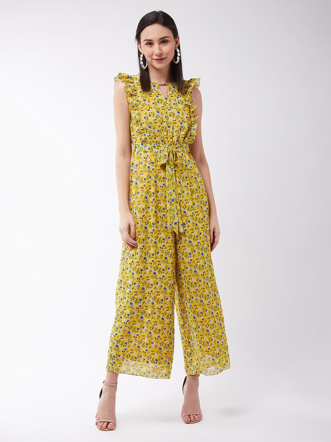 Women's Multicolored-Base-Yellow Round neck Sleeveless Floral Wide-Leg Regular Jumpsuit