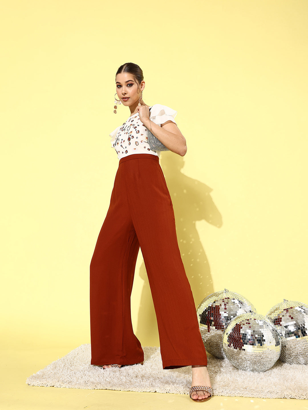 Women's Off White & Rust Round Neck Extended Sleeve Embellished Regular Jumpsuit