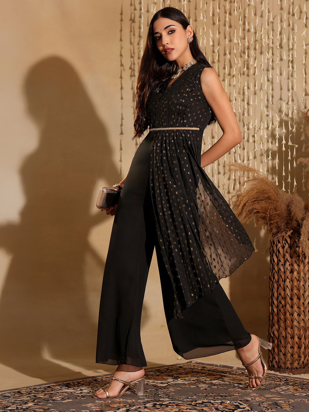 Women's Black Self Design V Neck Sleeveless Polyester Pleated Regular Length Jumpsuit