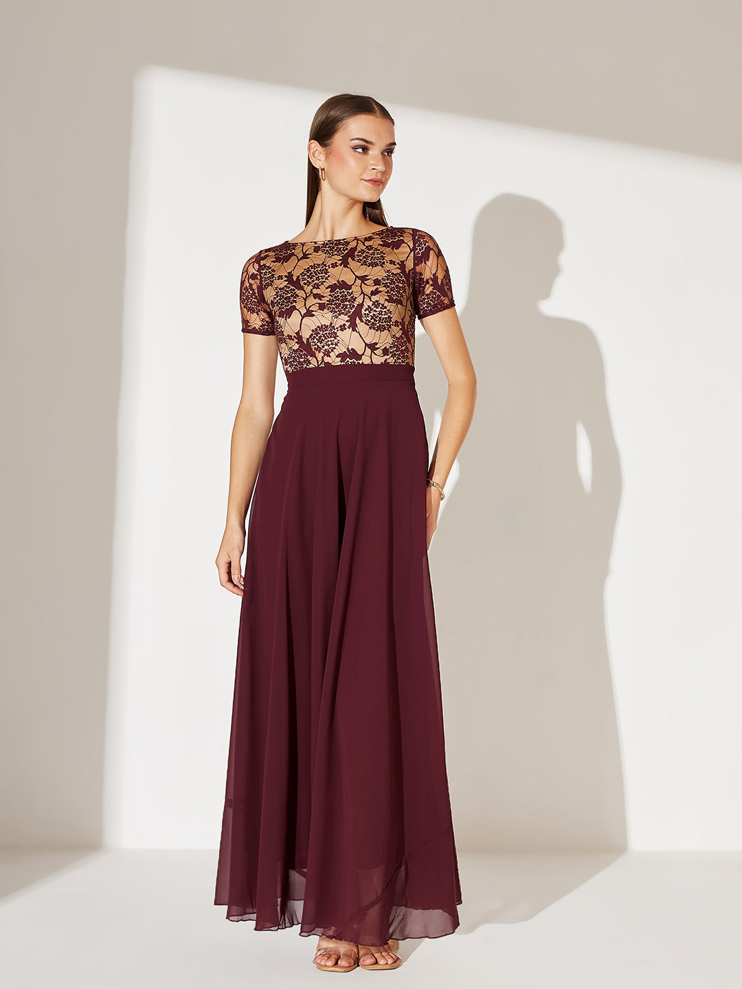 Women's Wine & Beige Relaxed Fit Regular Georgette Dress