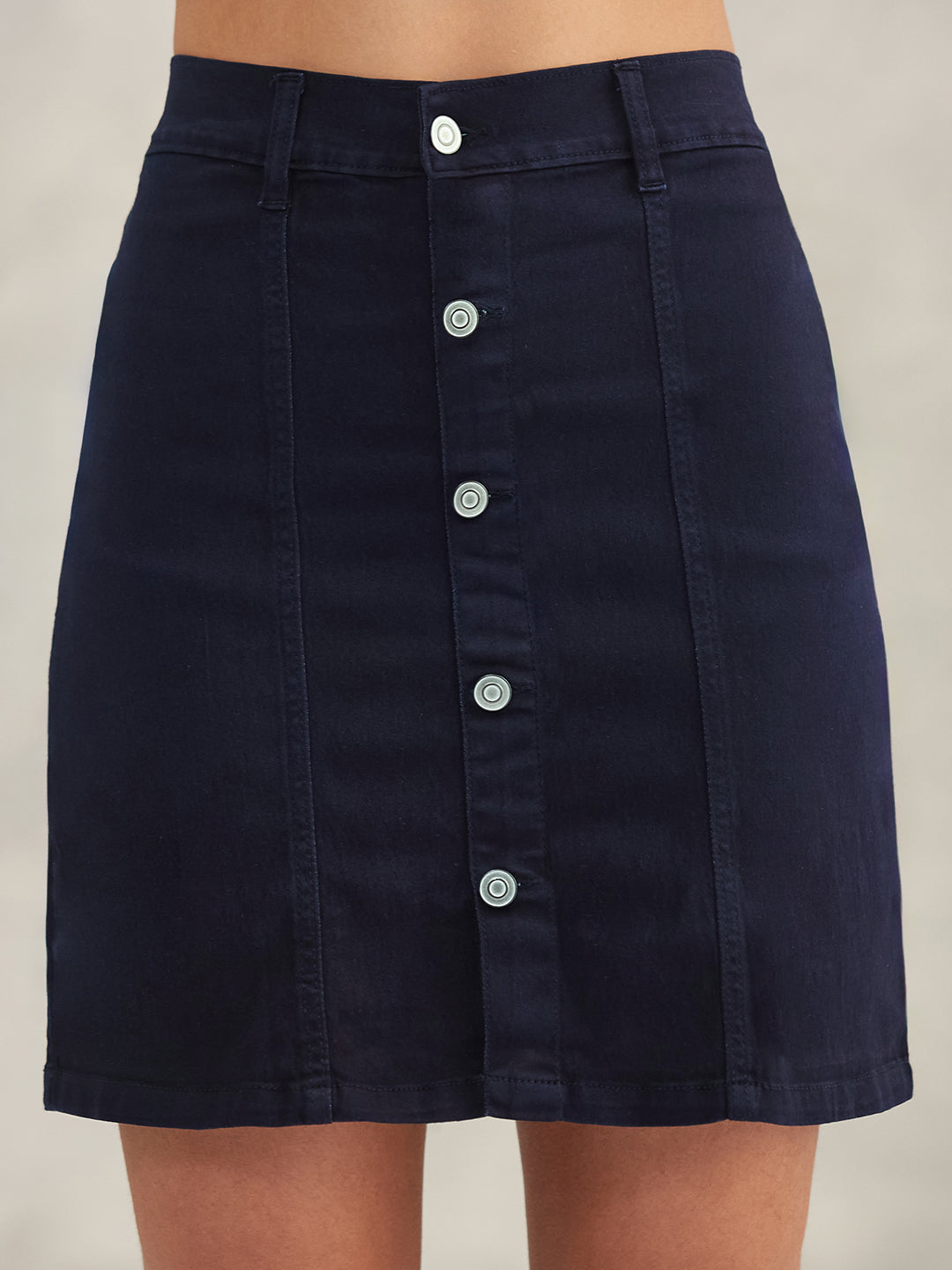 Women's Navy Blue Stretchable Solid A-line Mini Denim Skirt