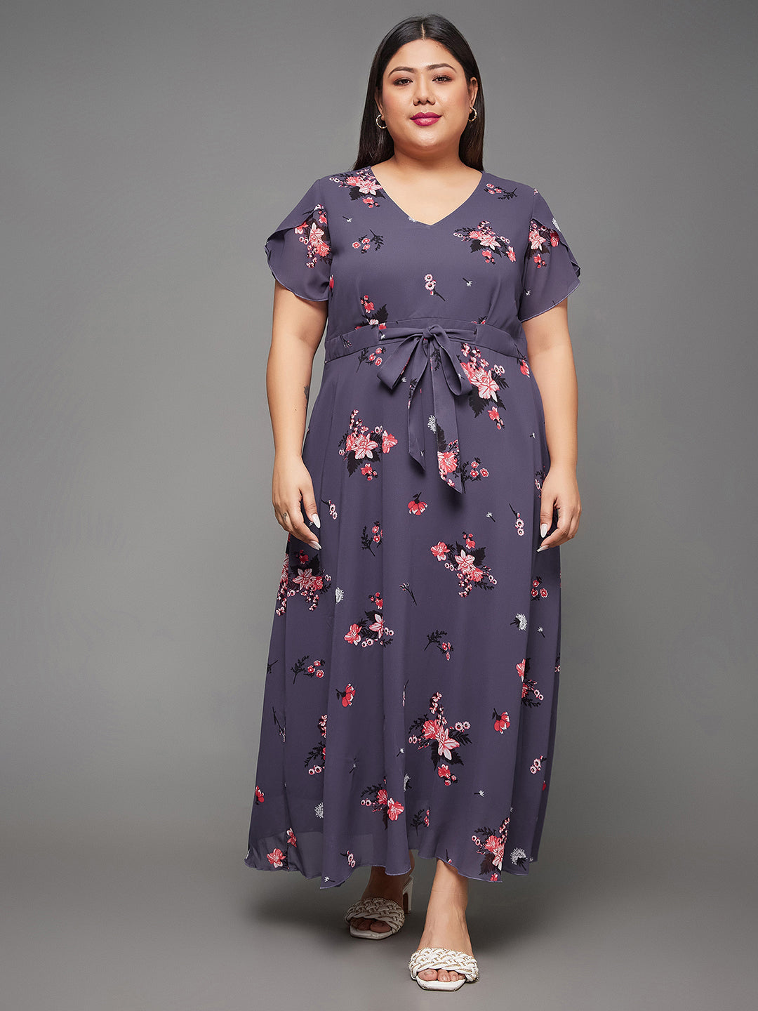 Body Bliss Multicolored Base Lavender Floral Pleated Midi Dress for Women
