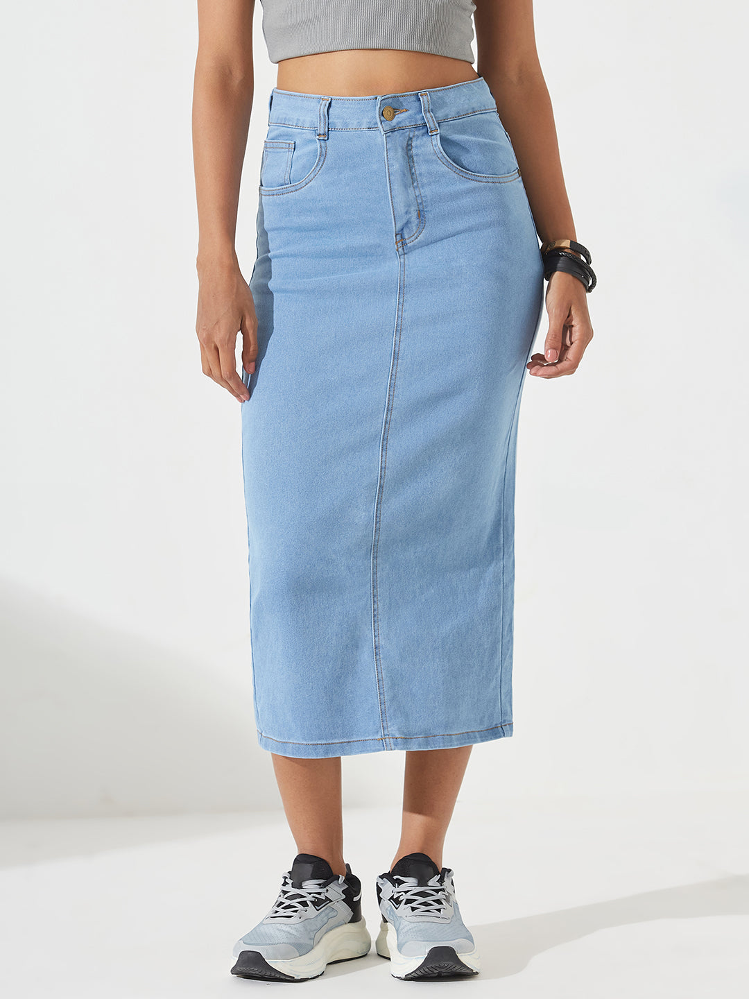 Light-Blue Straight-Fit High-Rise Midi Stretchable Denim Skirt for Women