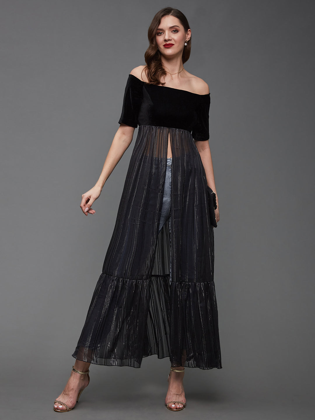Women's Black Striped Off Shoulder Half Sleeves Georgette Bardot Maxi-Length Top