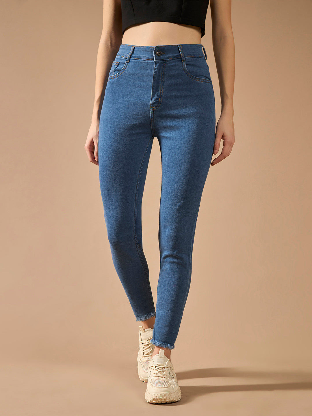 Women's Blue Skinny High-Rise Cropped-Length Fringe Detailing Stretchable Denim Jeans