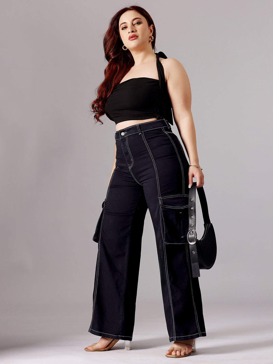 24/7 Comfort Black Wide-Leg High-Rise Clean-Look Regular-Length Stretchable Patch-Pocketed Denim Jeans