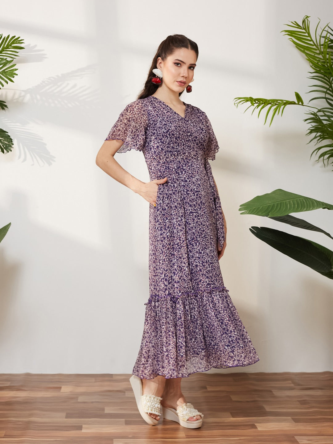 Purple V Neck Flared Sleeve Floral Wrap Chiffon Maxi Dress for Women