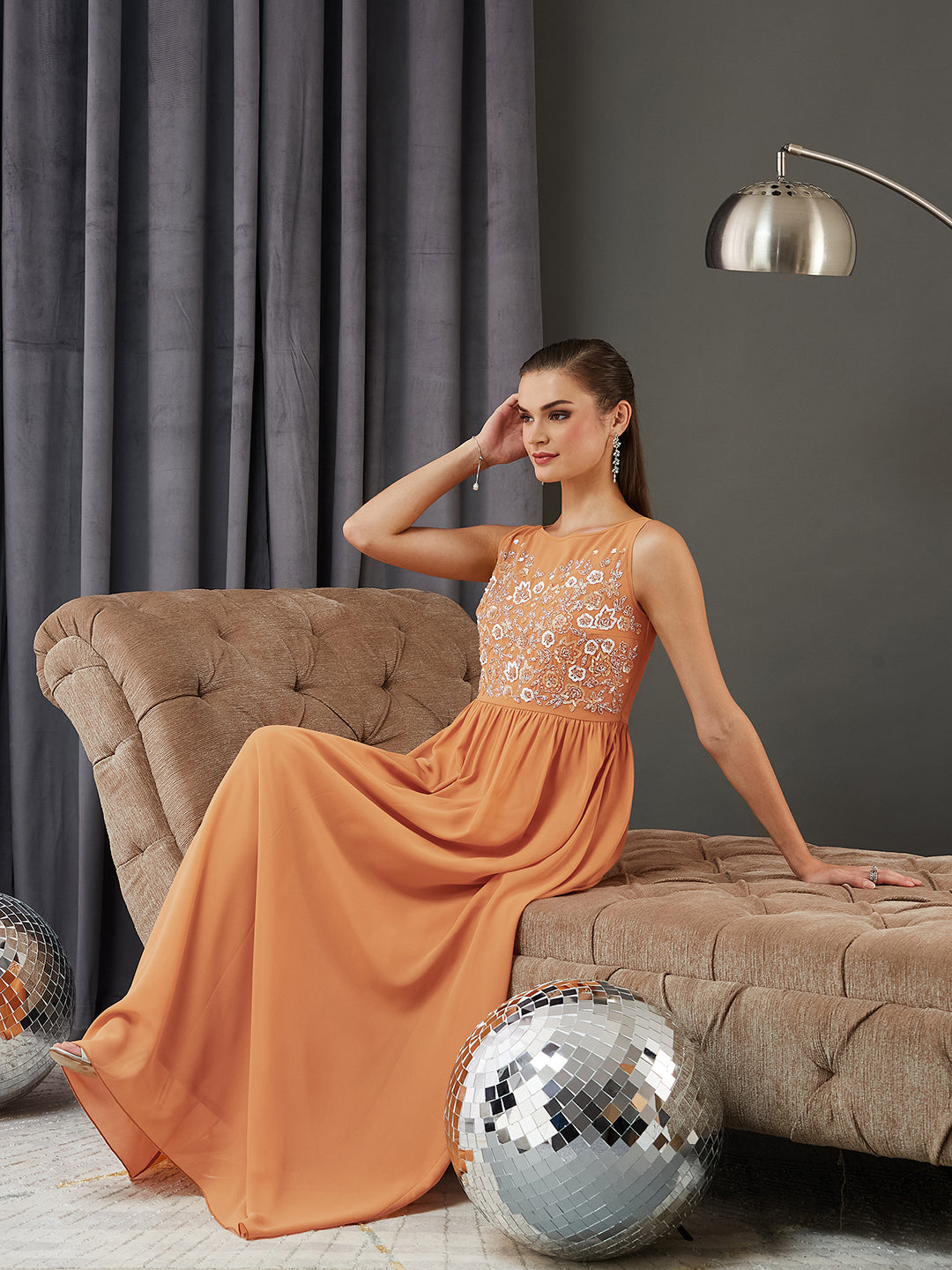 Women's Dusty Orange Boat Neck Sleeveless Embroidered Georgette Gathered Maxi Dress