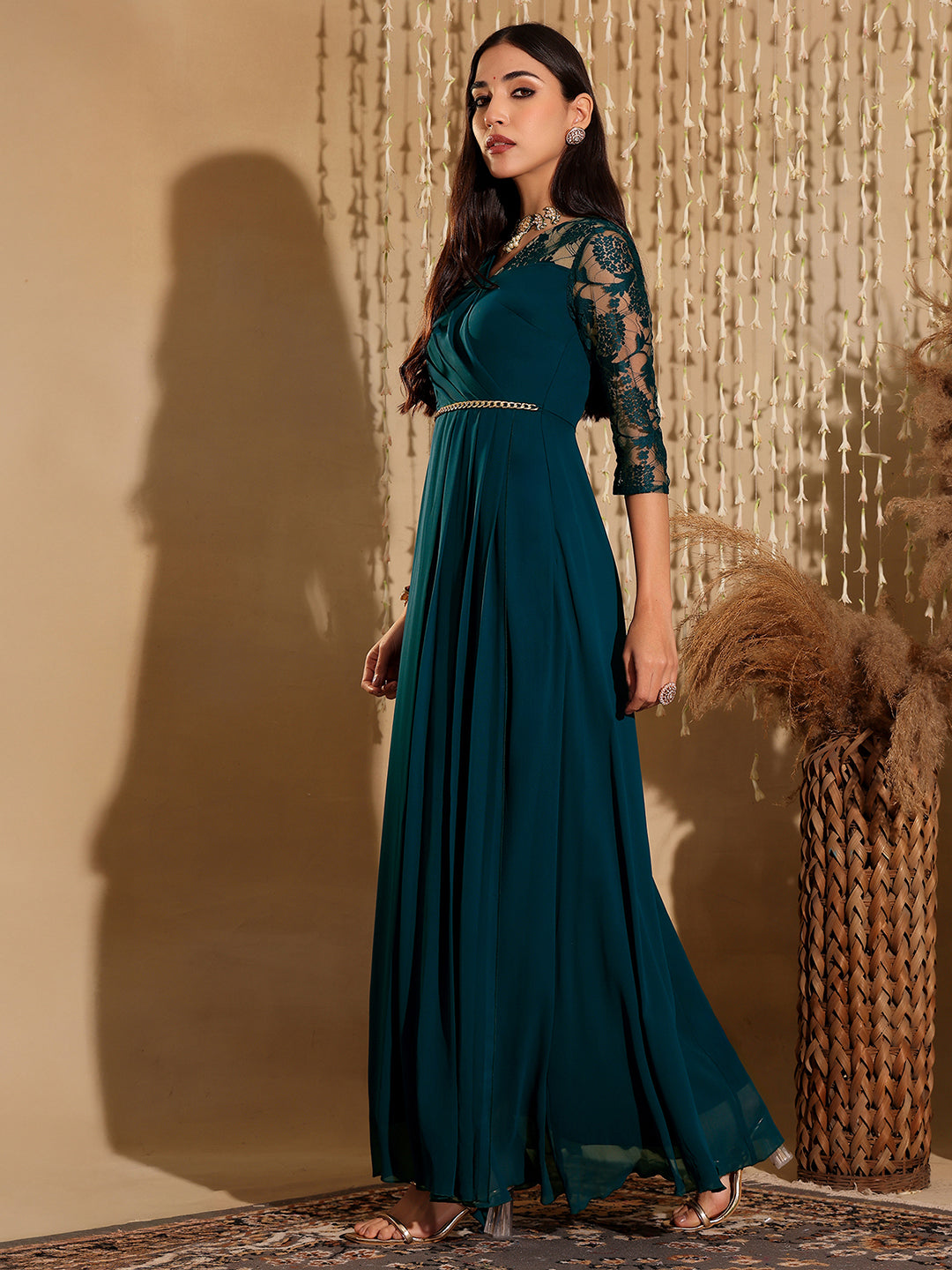 Teal Assymetric Long Sleeves Lace Maxi Dress Long Dress Frock for Women