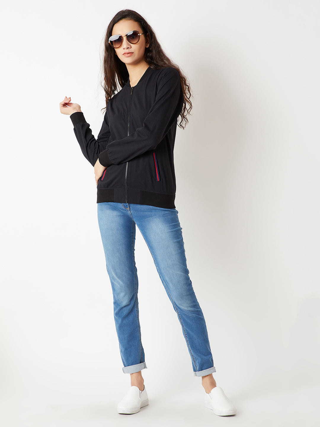 Women's Black Round Neck Full Sleeve Cotton Solid Multicolored Twill Tape Detailing Bomber Jacket