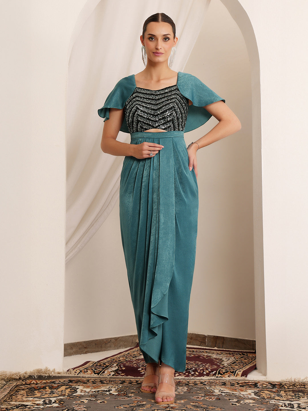 Shergil Warrior Teal Embellished Satin Maxi Dress