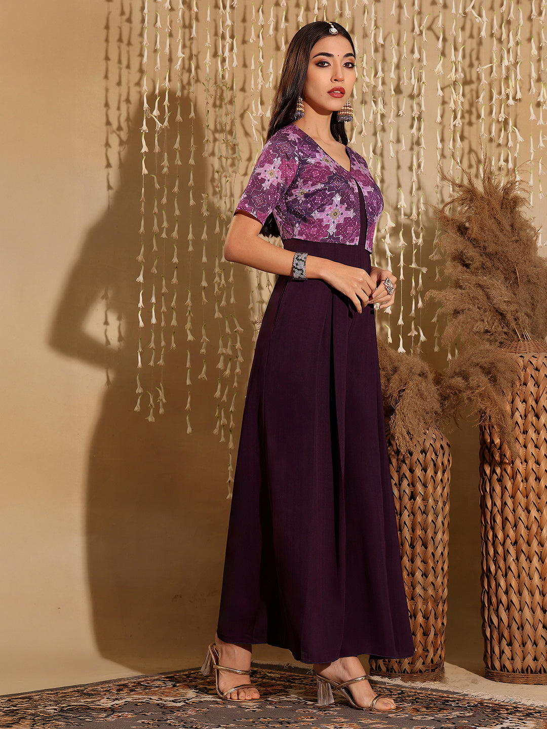 Women'S Dark Purple V Neck Half Sleeve Pleated Polyester Regular-Length Solid Jumpsuit