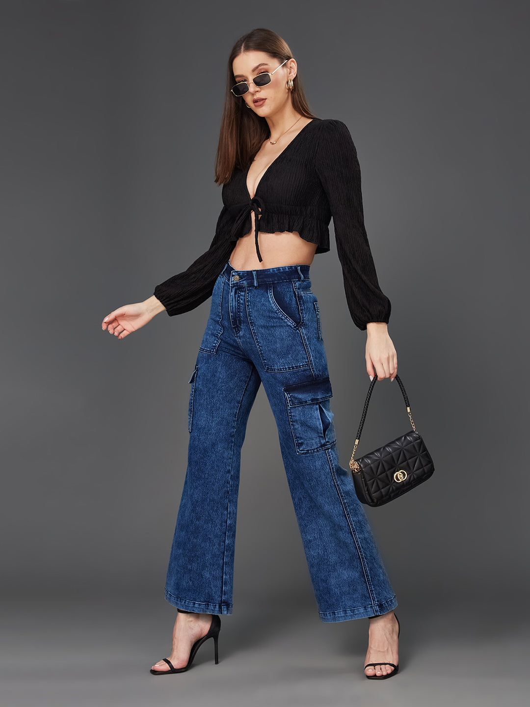 24/7 Comfort Mid Blue Wide-Leg High-Rise Clean-Look Regular-Length Stretchable Denim Cargo Jeans
