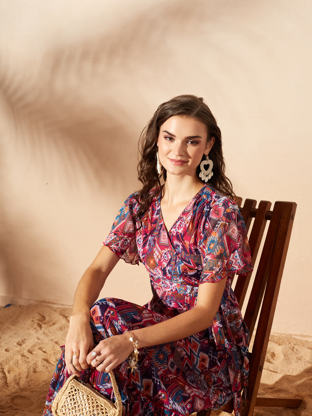 Dark Pink Floral Printed Flutter Sleeves Maxi Dress for Women