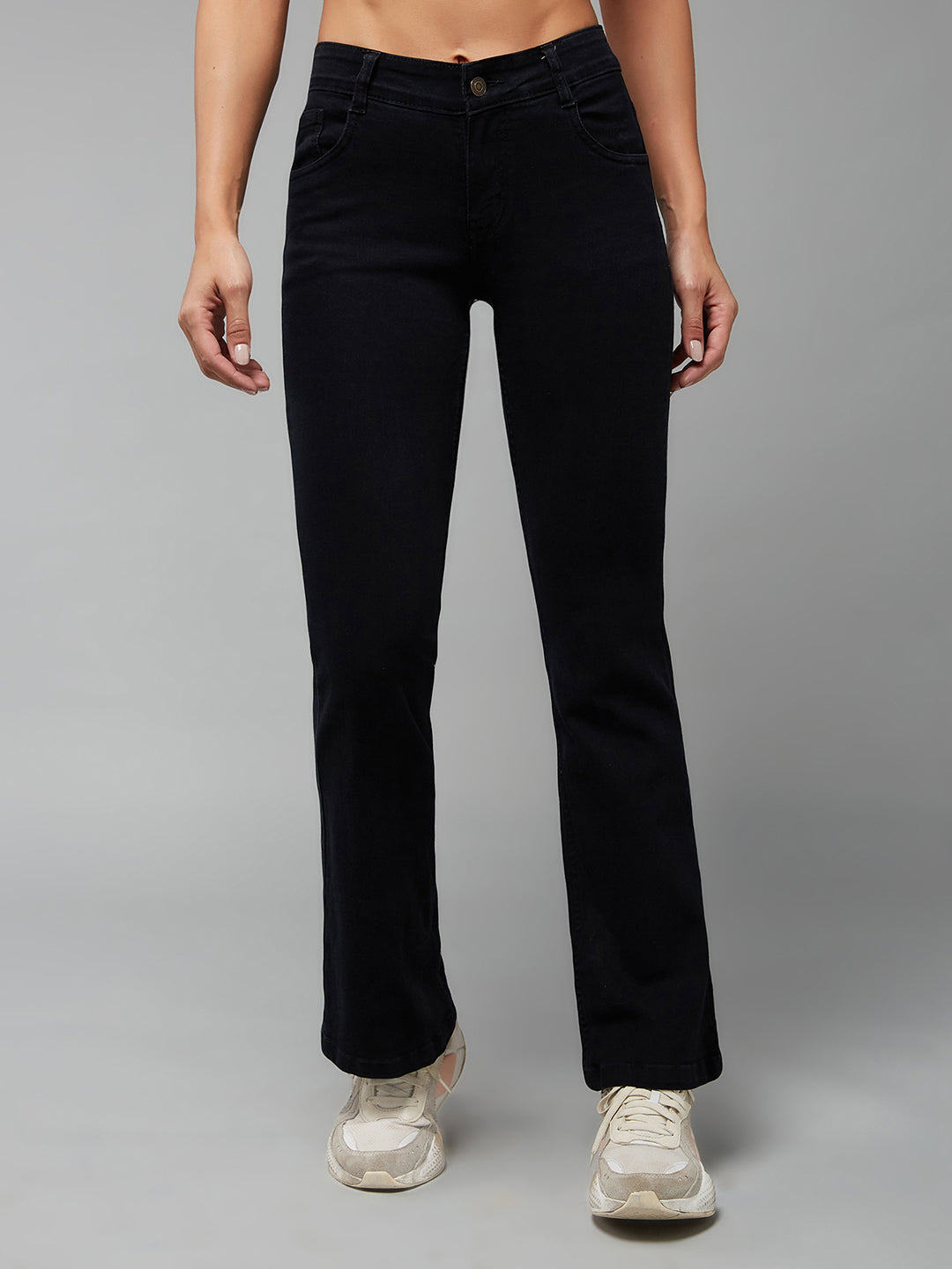 24/7 Comfort Black Bell-Bottom Semi-Bootcut Mid-Rise Stretchable Denim Jeans
