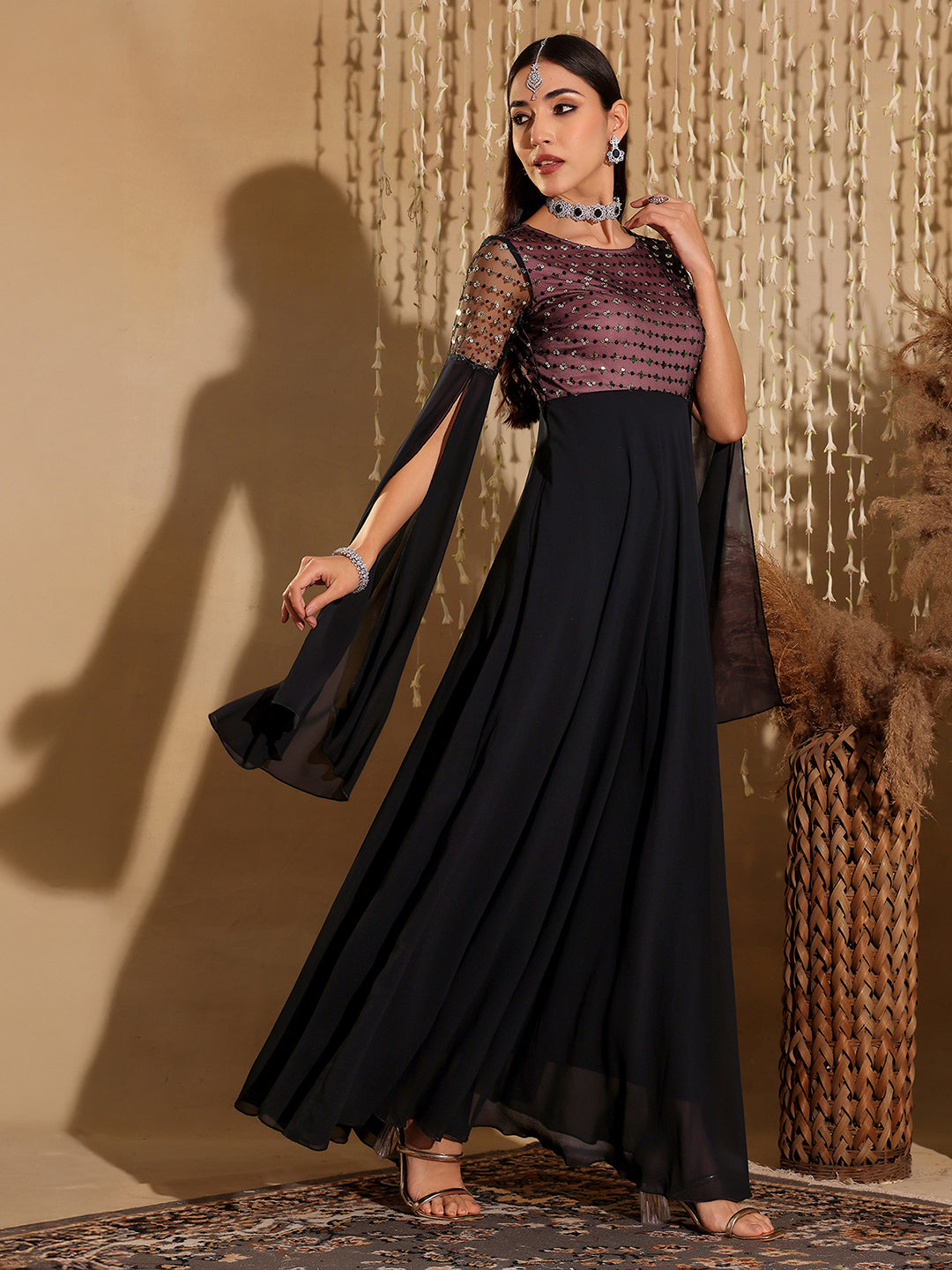 Women's Black & Lavender Relaxed Fit Maxi Georgette & Sequins Dress