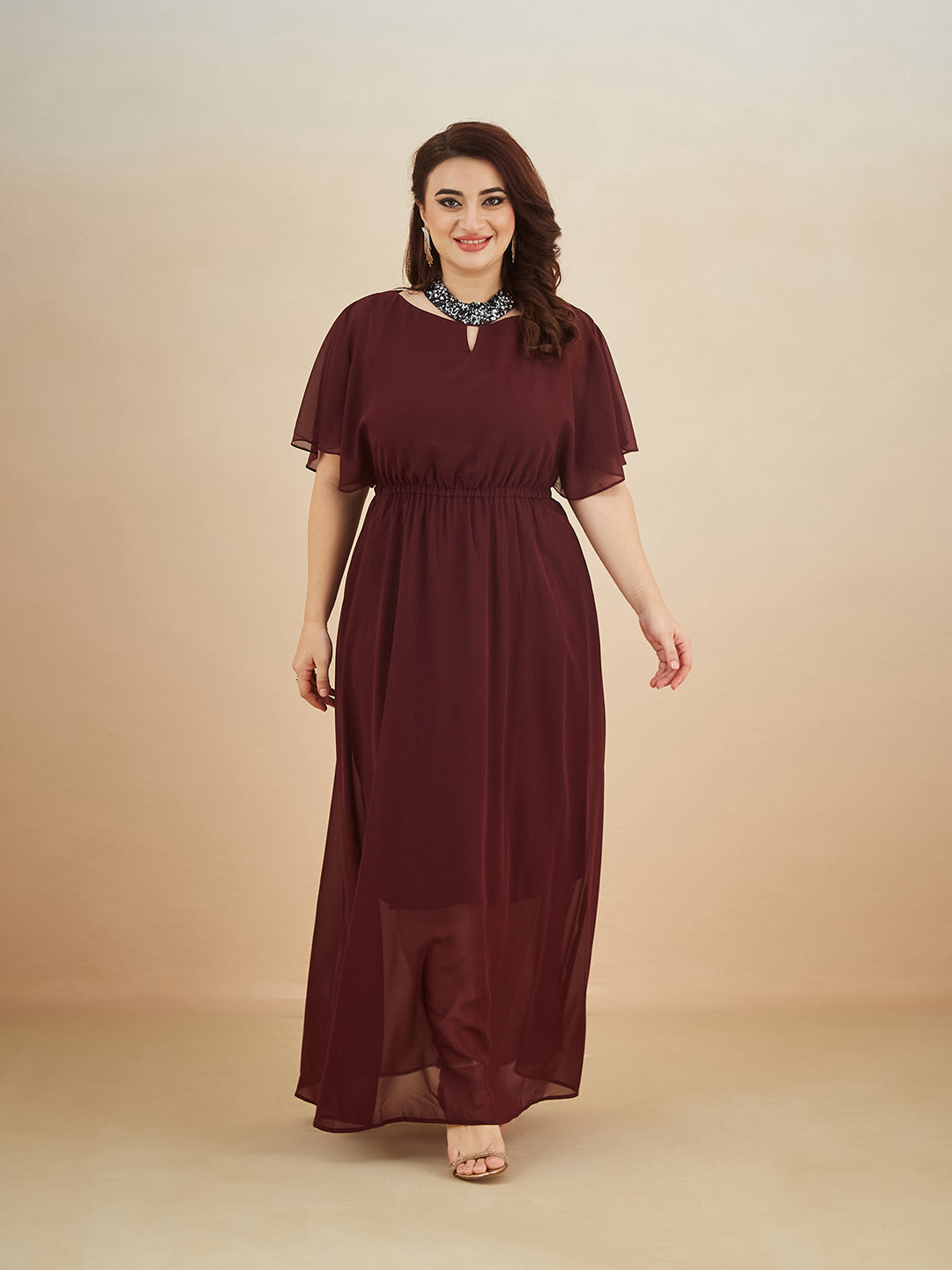 Wine Red Round Neck Flared Solid Embellished Choker/Gathered Maxi Dress for Women
