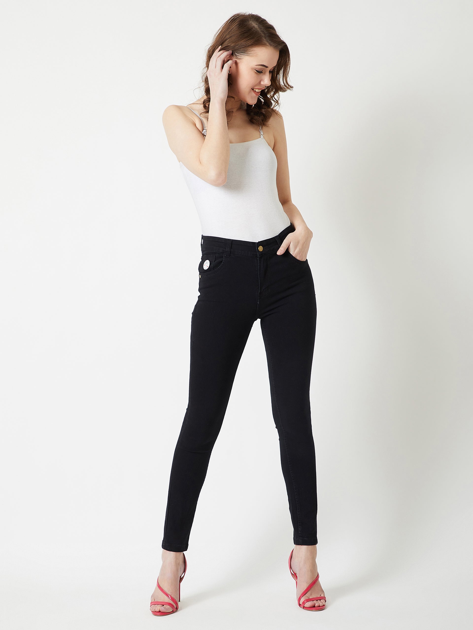 24/7 Comfort Black Slim-Fit Embellished High-Rise Stretchable Denim Jeans
